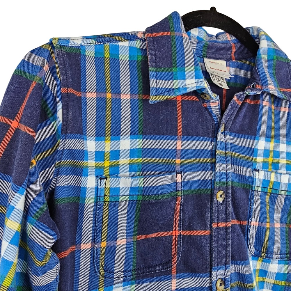 Hanna Andersson Kids Size 12 Flannel Button Down Shirt Navy Blue Plaid Cotton - Picture 4 of 9